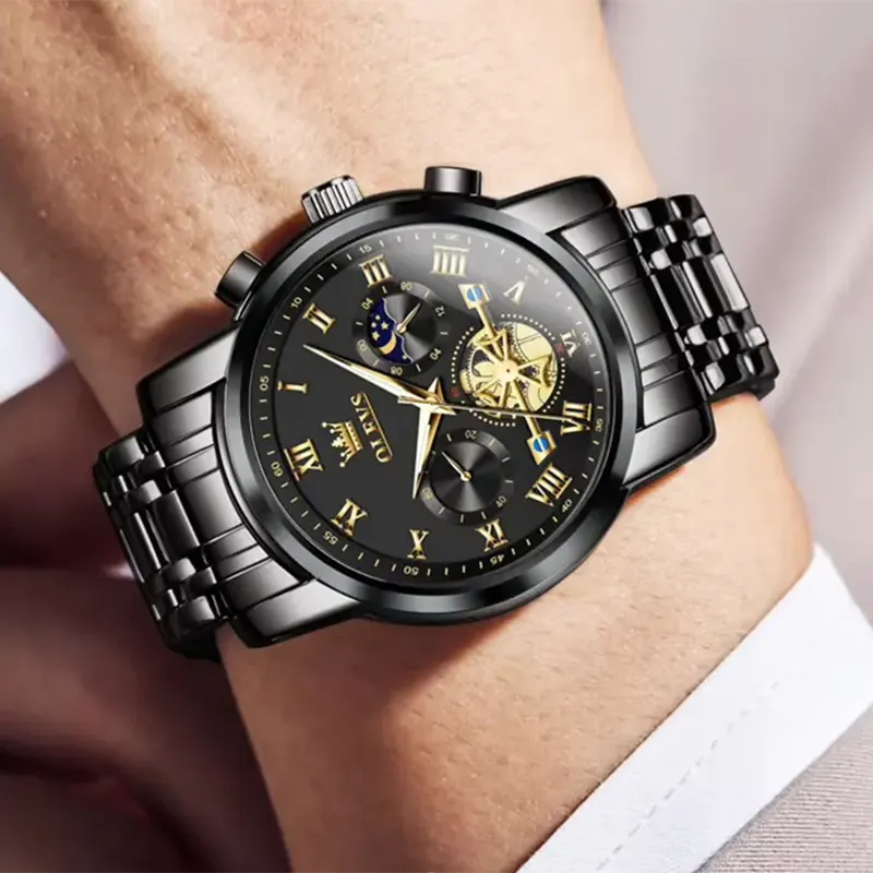 OLEVS Multifunctional Black Stainless Steel Men's Watch- 2859